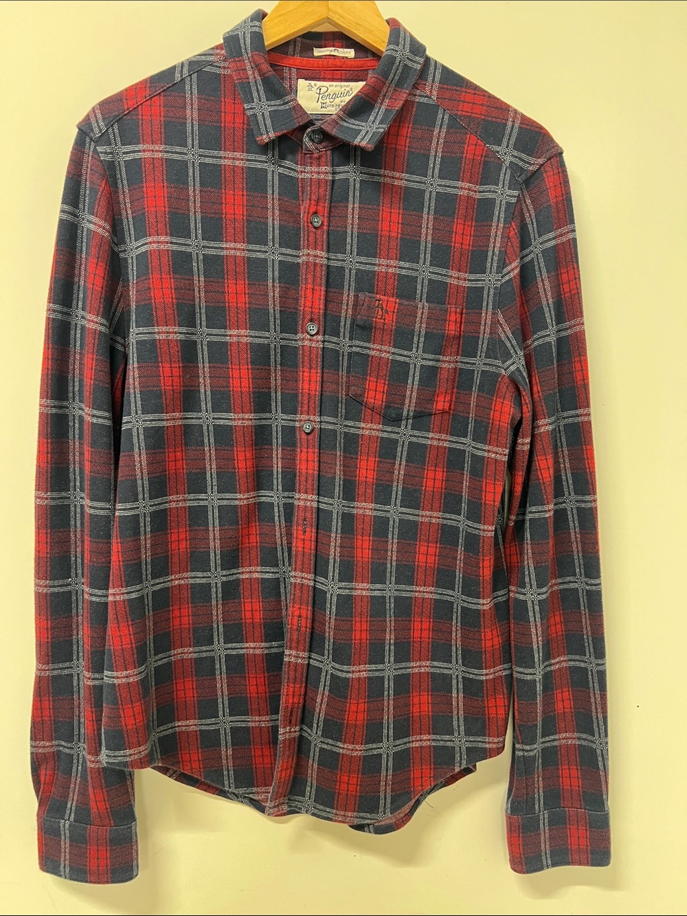 Penguin Button Down, Long Sleeve, Red & Blue Plaid, Medium Slim Fit